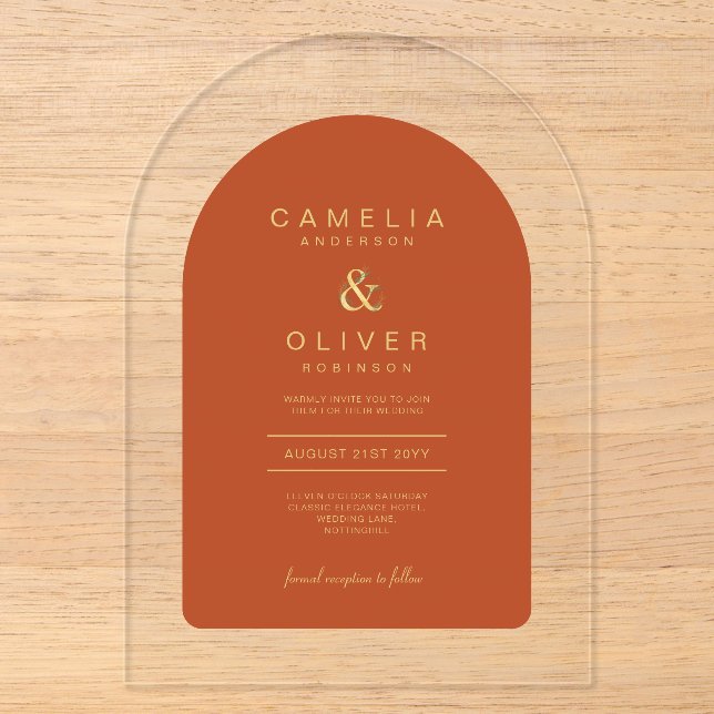 Invitations En Acrylique Zazzle Acrylique Mariage Terracotta Gold Texte Arc (Recto)