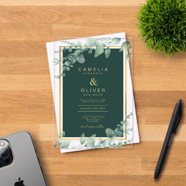 Invitations En Acrylique Zazzle Acrylique Mariage Vert Eucalyptus Or Texte (Insitu (Carte d'invitation))