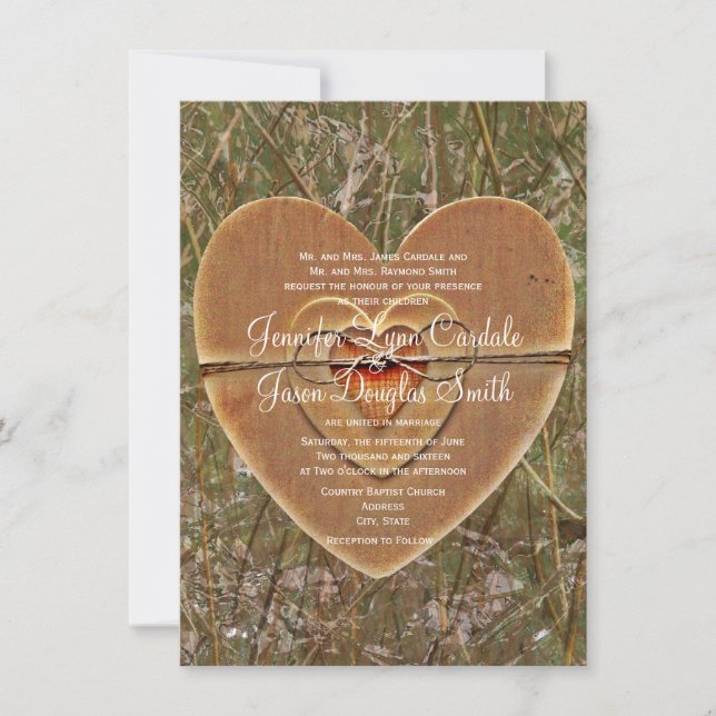 Invitations en bois de mariage de Camo de coeur de (Devant)