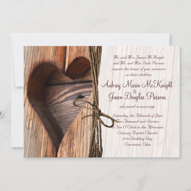 Invitations en bois de mariage de ficelle de coeur (Devant)