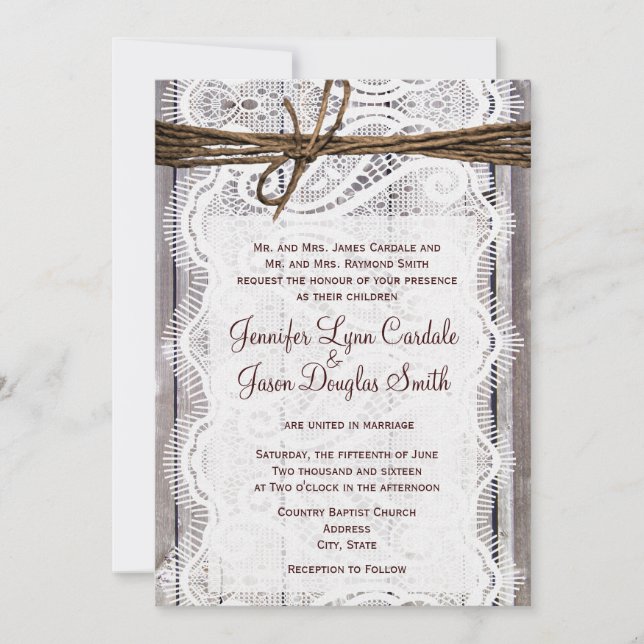 Invitations en bois de mariage de pays de ficelle (Devant)