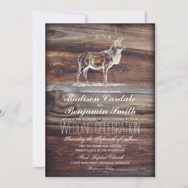 Invitations en bois rustiques de mariage de faune (Devant)