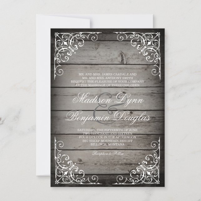 Invitations en bois rustiques vintages de mariage (Devant)