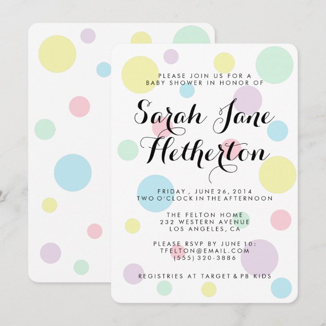 Invitations en pastel de baby shower de pois (Devant / Derrière)