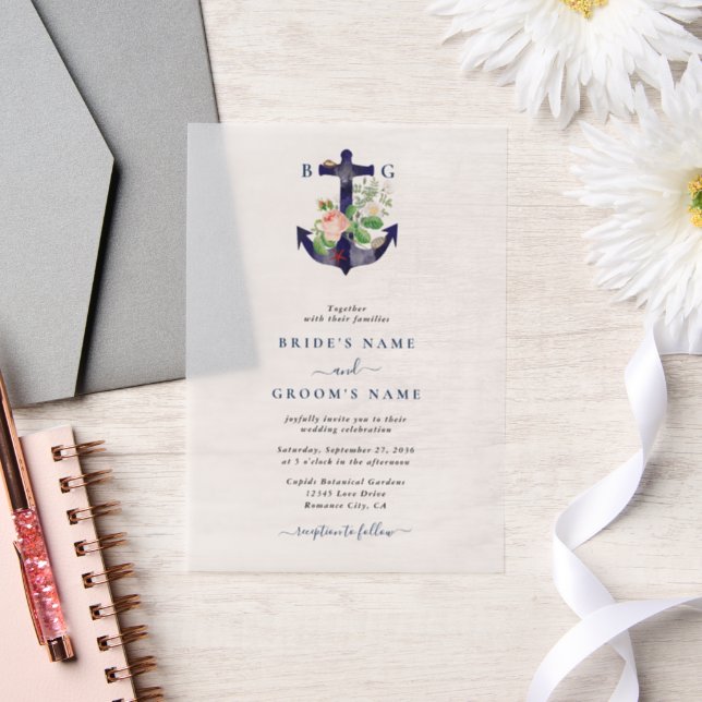 Invitations En Vélin Ancre Botanique Floral Nautique Mariage d'été (Mariage)