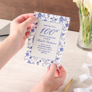 Invitations En Vélin Anniversaire des 100 ans Fleur Bleue Antique Vinta