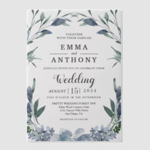 Invitations En Vélin Aquarelle Bleu Élégant Mariage Floral Vellum