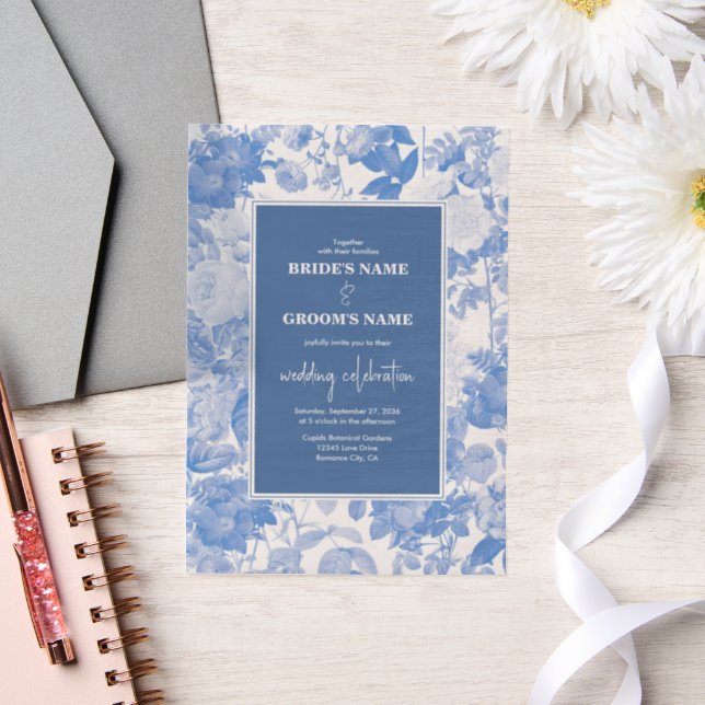 Invitations En Vélin Aquarelle bleue Mariage de fleurs botaniques (Mariage)