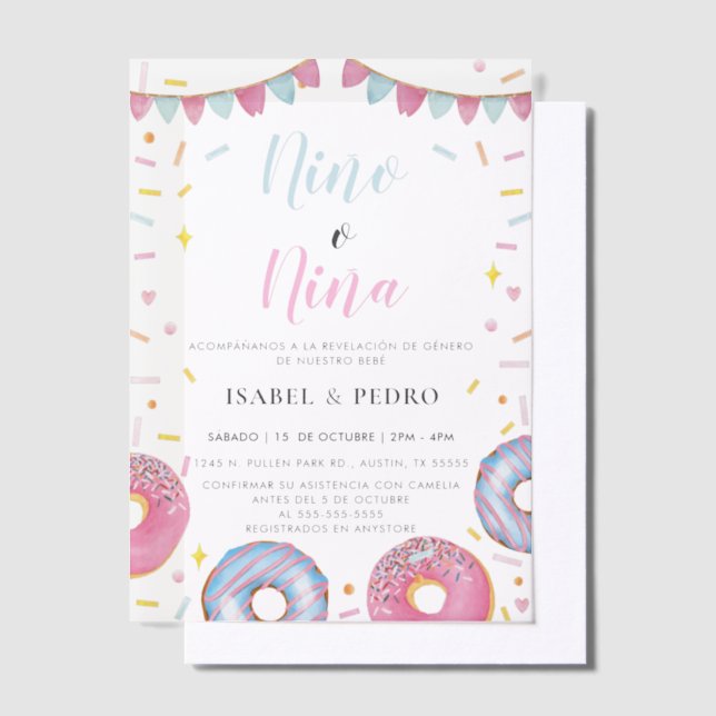 Invitations En Vélin Aquarelle Donuts & Confetti Spanish Gender Revela (Compenser)