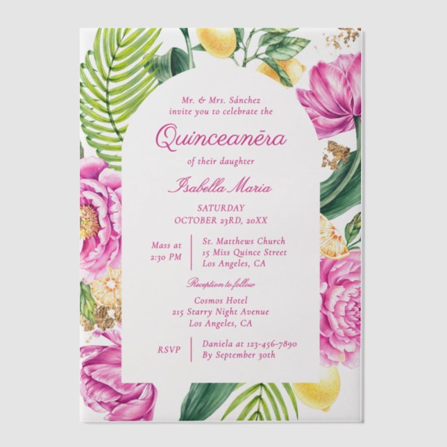 Invitations En Vélin Aquarelle Floral Peonps Tulipes Lemon Quinceañera (Recto)