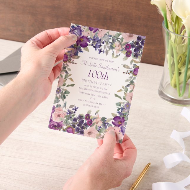 Invitations En Vélin Aquarelle rose pourpre. Floral 100e anniversaire (Ordinateur de poche)