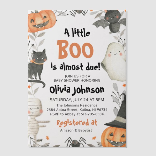 Invitations En Vélin Aquarelle Un Petit Baby shower Boo Halloween (Recto)