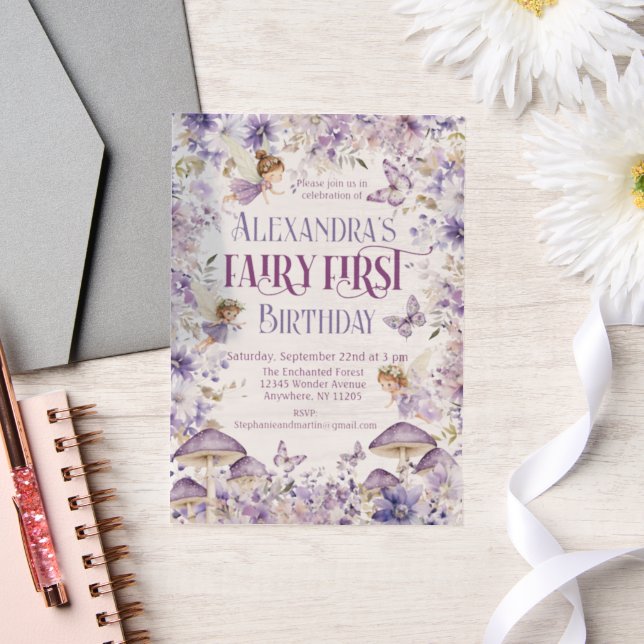 Invitations En Vélin Aquarelle violette Fée Florale Premier anniversair (Mariage)