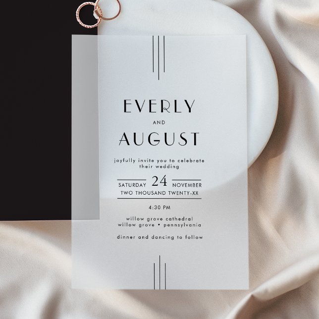 Invitations En Vélin Art déco moderne Mariage noir et blanc (EVERLY Modern Art Deco Black and White Wedding Vellum Invitations)