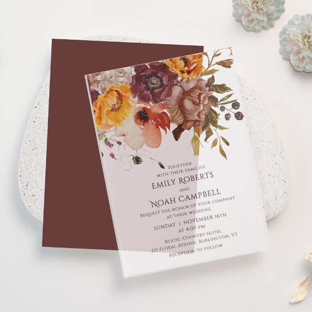 Invitations En Vélin Automne Rustique Plum Orange Floral Mariage (Créateur téléchargé)