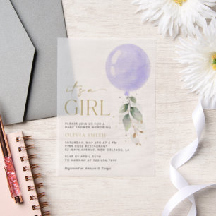 Invitations En Vélin Balloon pourpre, Eucalyptus, Verdure, Baby shower