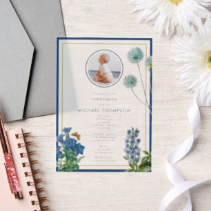 Invitations En Vélin Baptême d'or Bleu Baptême de baptême Boy Photo