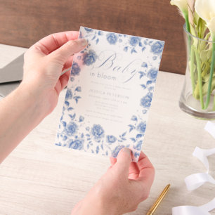Invitations En Vélin Bébé en Fleur Baby shower Chinoiserie Bleu