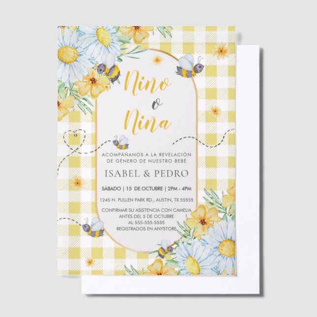 Invitations En Vélin Bees & Fleurs blanches En vichy espagnol Genre Rev (Compenser)