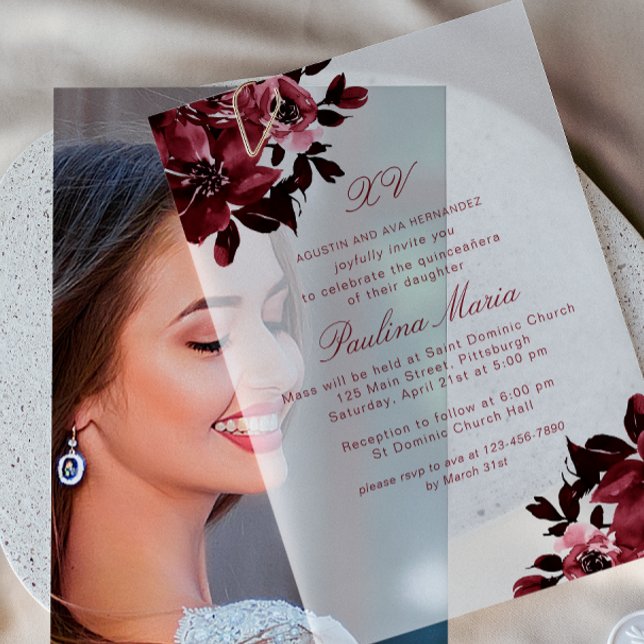 Invitations En Vélin Belle Quinceañera Florale Bourgogne (Créateur téléchargé)