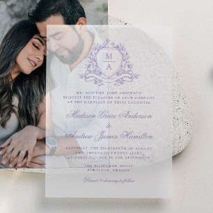Invitations En Vélin Blason Floral Lavande Élégant Monogramme de Mariag