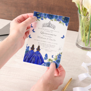 Invitations En Vélin Bleu Royal Floral Papillon jumeau Quinceanera