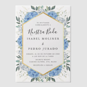 Invitations En Vélin Blue Floral Feuilles or Nuestra Boda Mariage