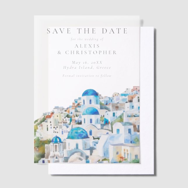 Invitations En Vélin Blue Mediterranean Skyline Wedding Save the Date (Compenser)