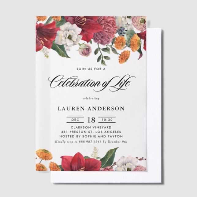 Invitations En Vélin Botanical Amaryllis and Mums Celebration of Life (Compenser)