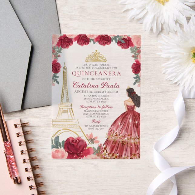 Invitations En Vélin Bourgogne Rouge rose Or Tiara Paris Quinceañera (Mariage)