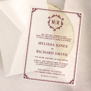Invitations En Vélin Cadre de blason de monogramme minimal bordeaux de