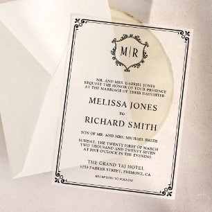 Invitations En Vélin Cadre de blason de monogramme minimal noir de mari