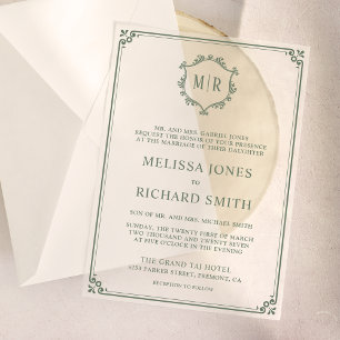 Invitations En Vélin Cadre de blason de monogramme minimal vert sauge d