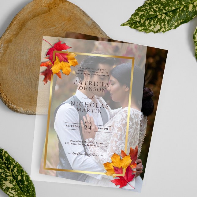 Invitations En Vélin Cadre doré rustique de feuilles d'automne Mariage  (Créateur téléchargé)