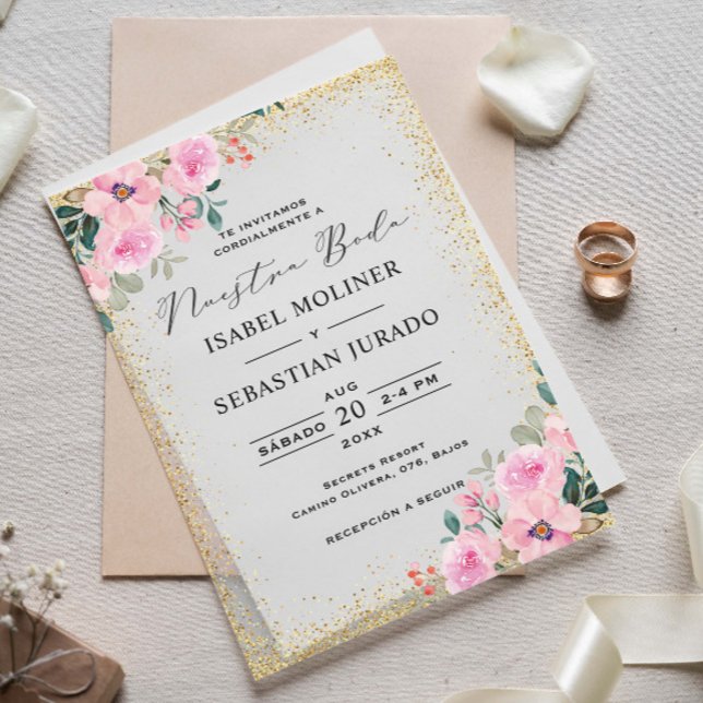 Invitations En Vélin Cadre Or Rose Floral Nuestra Boda Espagnol (Créateur téléchargé)