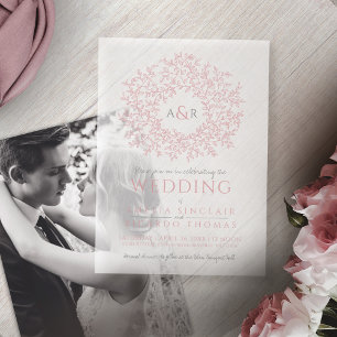 Invitations En Vélin Cercle feuille monogramme mariage rose