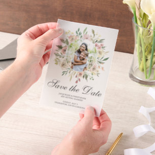 Invitations En Vélin Chic Blush Pink Floral Photo Enregistrer la date