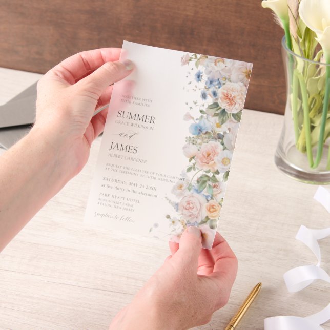 Invitations En Vélin Chic Pastel Blush White Blue Roses Floral Wedding  (Ordinateur de poche)