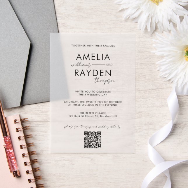 Invitations En Vélin Chic Typographie Script Photo QR Code Mariage (Mariage)