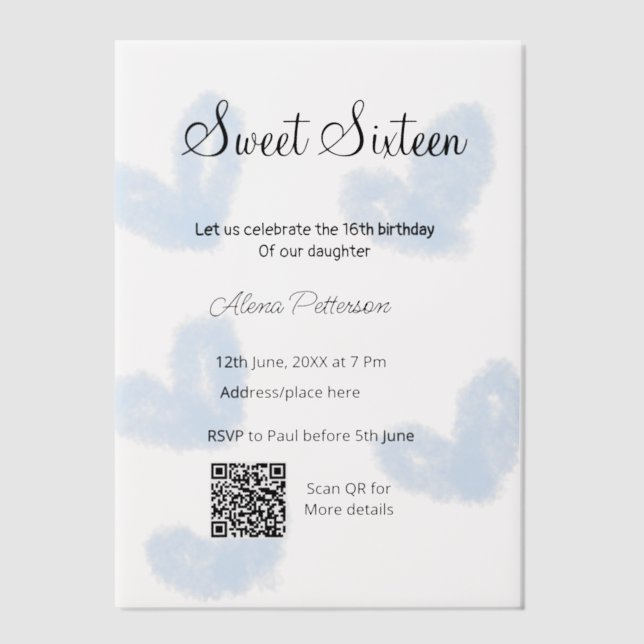 Invitations En Vélin Coeurs d'aquarelle bleu QR Sweet sixteen anniversa (Recto)
