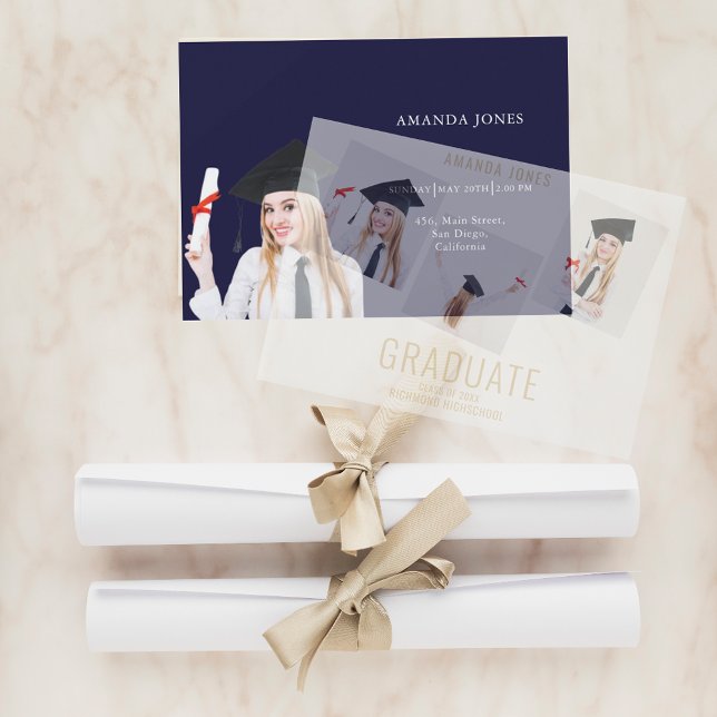 Invitations En Vélin Collection photo bleu de la Marine moderne Graduat (Créateur téléchargé)