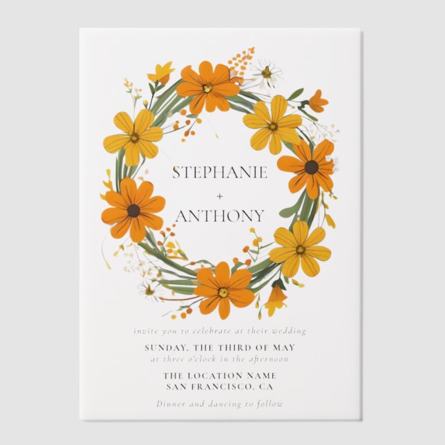 Invitations En Vélin Couronne de fleurs sauvages orange et jaune pour m (Recto)