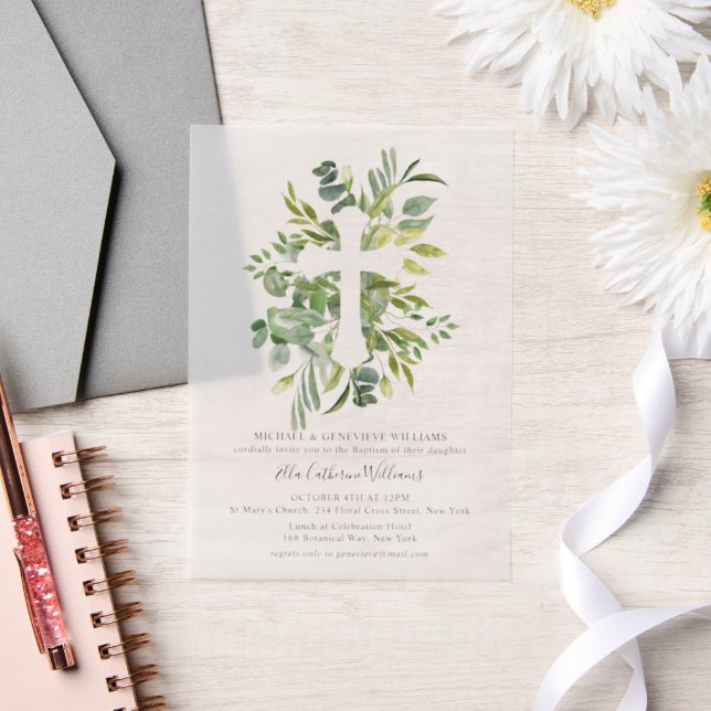 Invitations En Vélin Croix végétale florale Baptême (Mariage)
