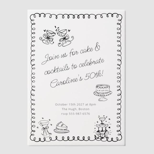 Invitations En Vélin Croquis Whimsical Doodle Cake Cocktails Anniversai (Recto)
