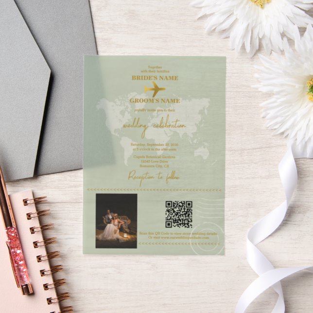 Invitations En Vélin Destination Mariage Monde Passport Sage Vert Or (Mariage)
