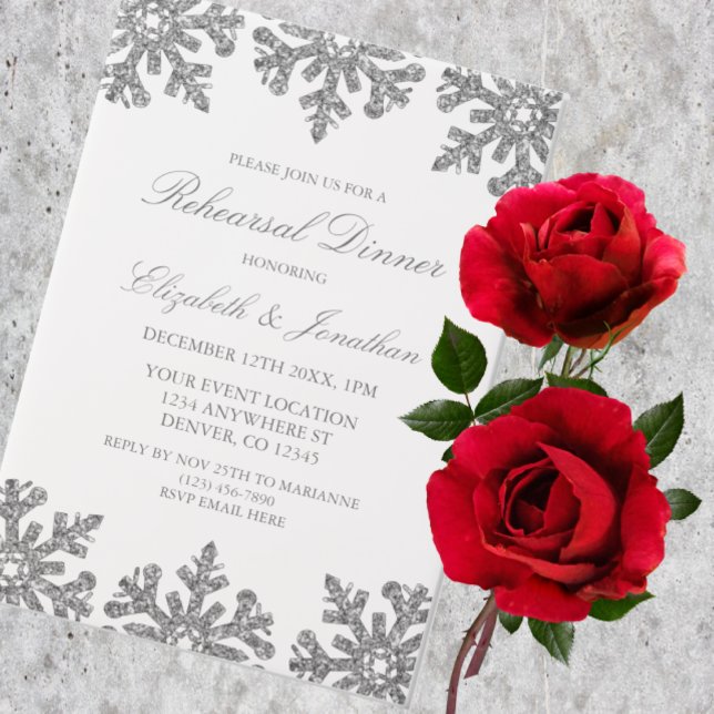 Invitations En Vélin Dîner de répétition d'hiver Flocon de neige argent (Créateur téléchargé)