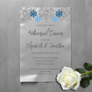 Invitations En Vélin Dîner de répétition hivernal Silver Blue Snowflake