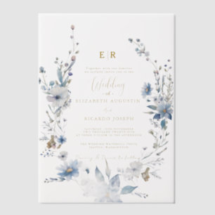 Invitations En Vélin Dusty Blue Gold Floral Spring Bloom Mariage