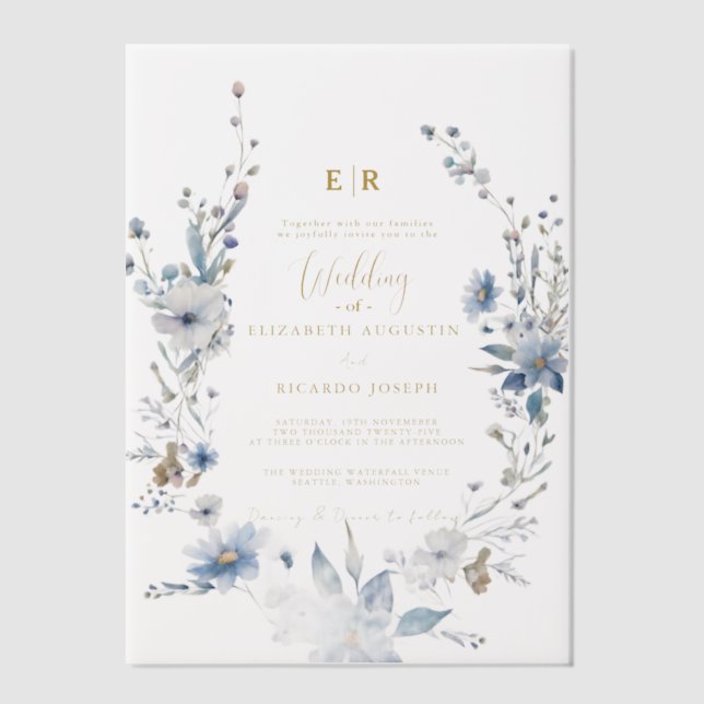 Invitations En Vélin Dusty Blue Gold Floral Spring Bloom Mariage (Recto)