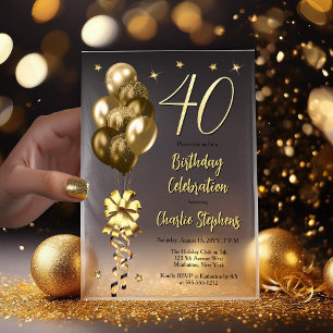 Invitations En Vélin Elégant Ballons d'or sur Black 40th Birthday Party